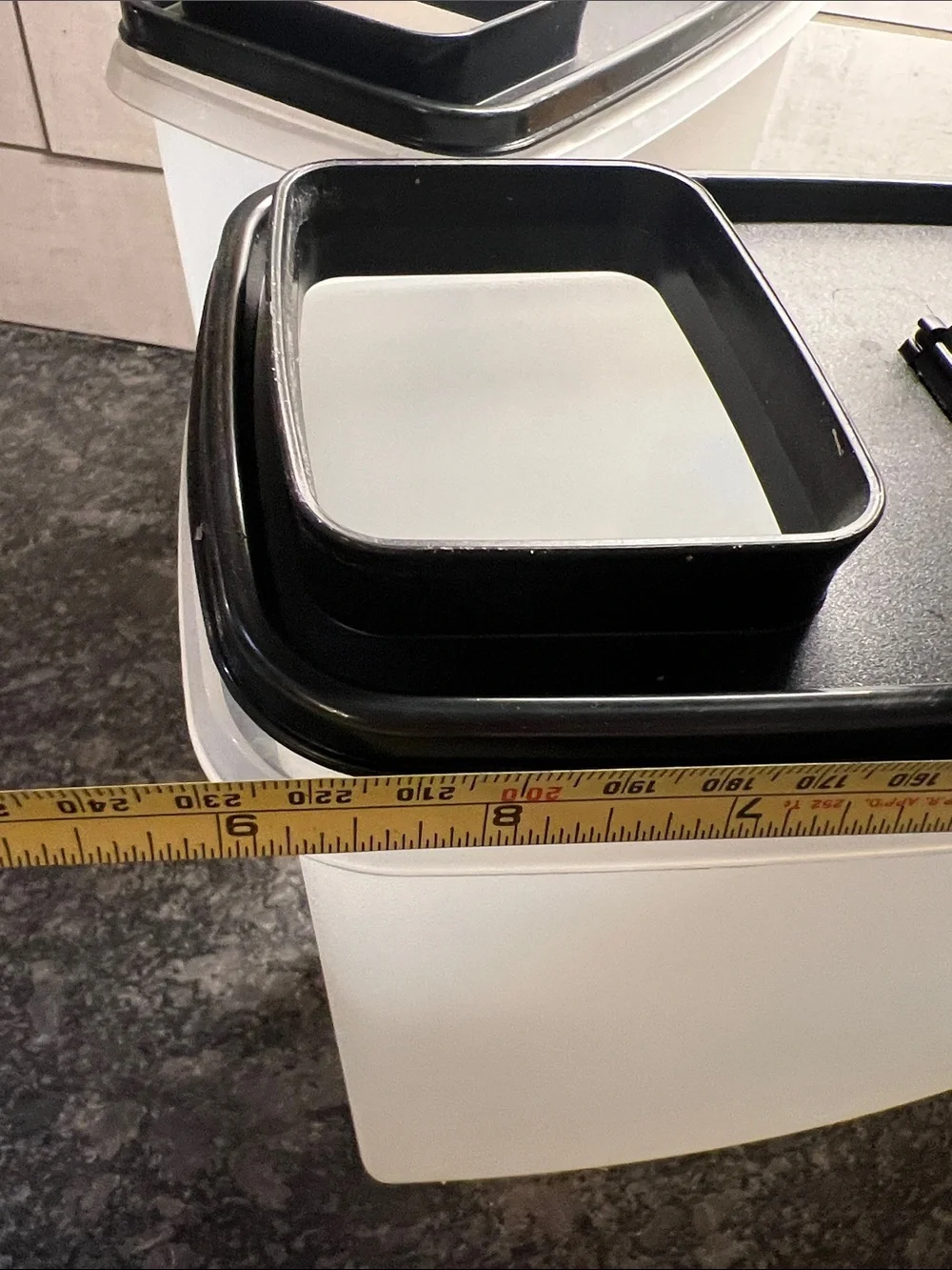 Set of 2 Tupperware Super Cereal Containers with pour spouts. Black lids.